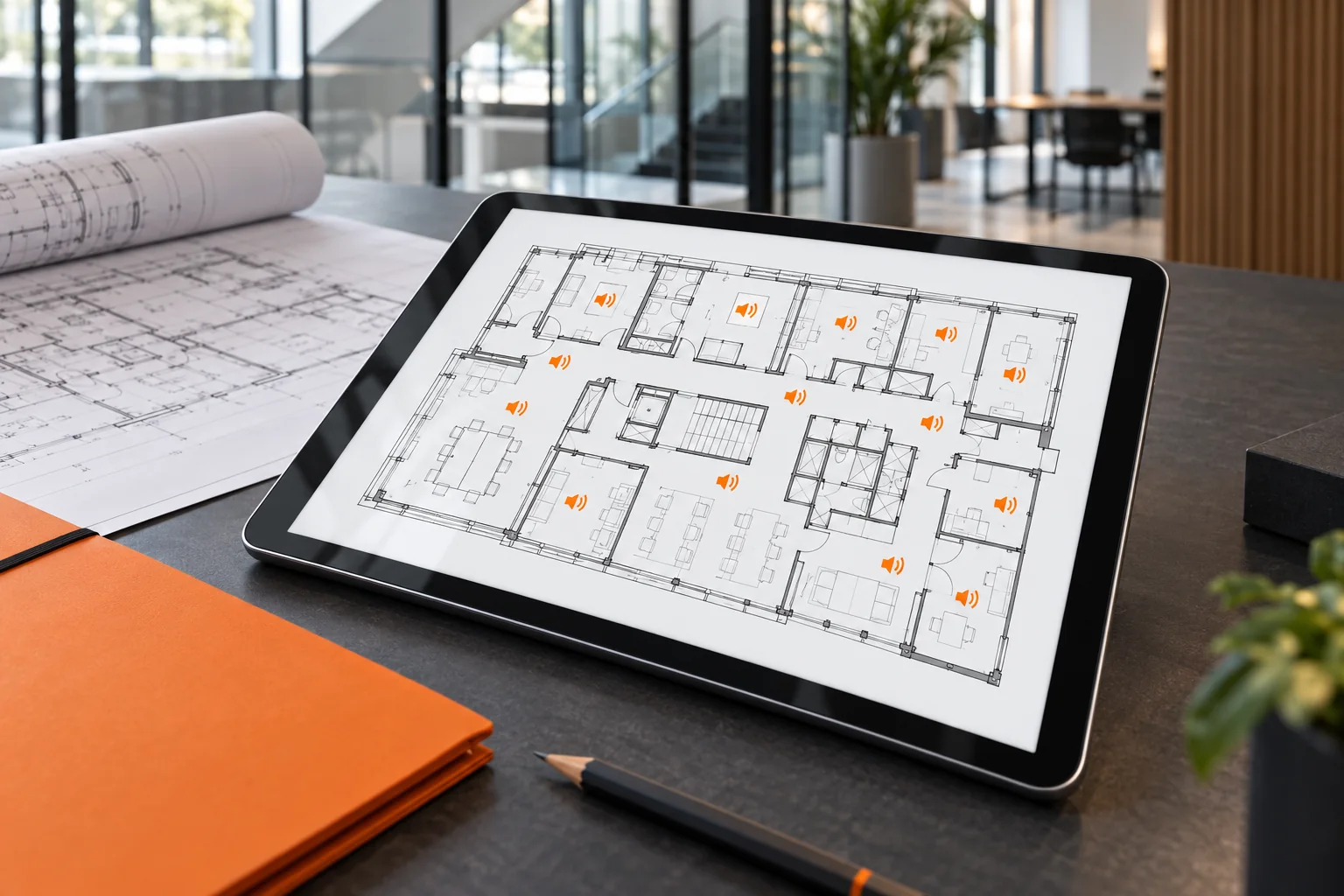 Tablet met een illustratieve gebouwplattegrond en ingetekende luidsprekers
